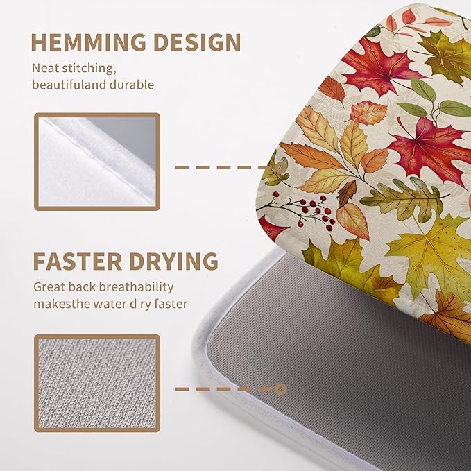 Wnoesat Fall Maple Leaves Dish Drying Mat for Kitchen Counter 18 x 24 Inch Autumn Thanksgiving Absorbent Reversible Microfiber Dish Draining Mat Washable Dish Drainer Rack Mat for Coffee Bar
