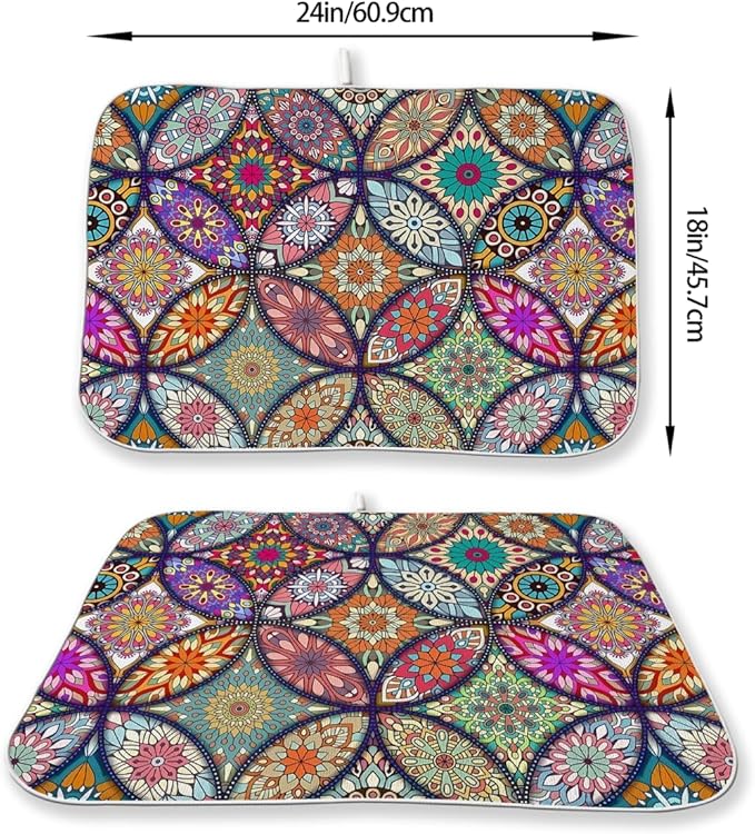 Boho Dish Drying Mat 18 x 24 Inch Vintage Bohemian Drying Mat for Kitchen Counter Absorbent Retro Dishes Dry Pad for Drainer Rack Kitchen Fast Dry