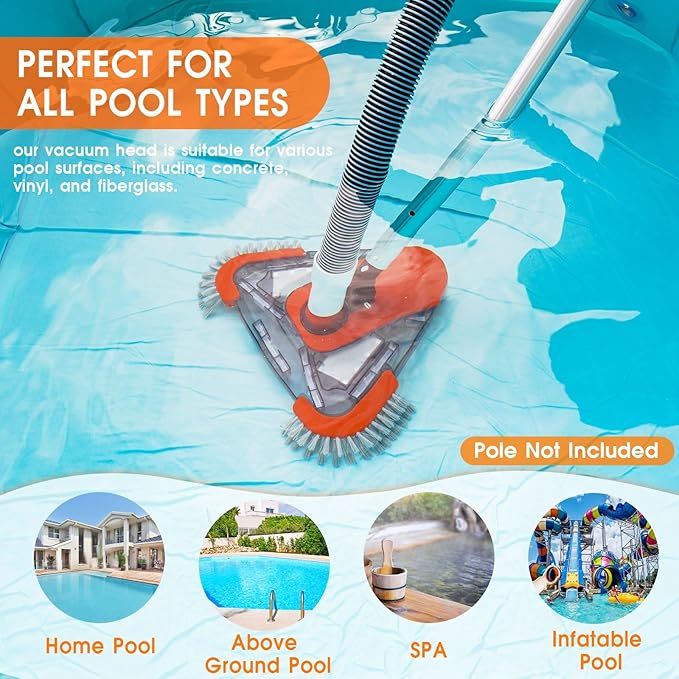 Pool Vacuum Head with Side Brush,Universal Steering Handle & Universal Rotatable Hose Adapter,Swimming Weighted Pool Brush Vac (Safe for Vinyl Liner Pool) for Inground & Above Ground Pools