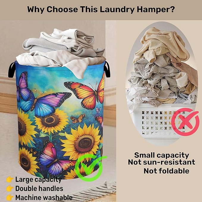 Butterfly Sunflower Laundry Basket, Heavy Duty 60L Dirty Clothes Hamper, Water Resistant Foldable Hamper for Girls Women