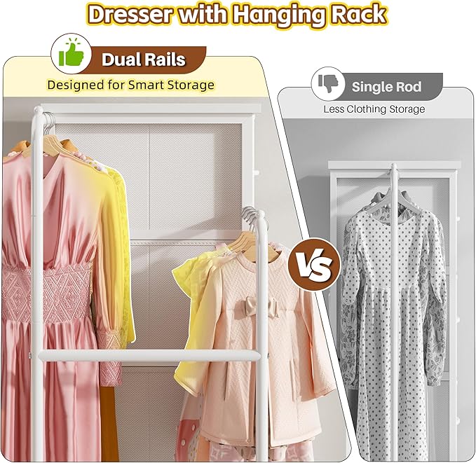 47.3" H Dresser with Hanging Rack, 4 Fabric Drawers with Double Clothes Rack & Wheels, Tall Closet Organizer Dresser for Bedroom, Entryway, White, 15.8" D x 29.9" W x 47.3" H
