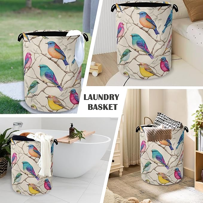 Colorful Bird Laundry Basket,Branches Foldable Oxford Cloth Tote Bag Laundry Hamper Clothes Storage Bucket Organizer for Bedroom Laundry Storage Dormitories 16" x 20.8"