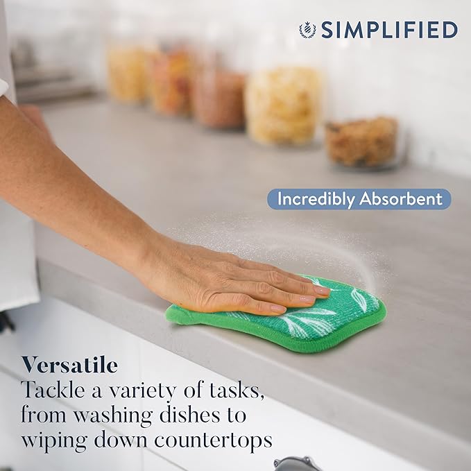 Simplified 5-Pack Scrub & Wipe 2-in-1 Dishwashing Sponges - Non-Abrasive Cleaning Sponges, Double-Sided - Safe for Dishes, Non-Stick Pans or Glassware, Absorbent Dish Sponges, Green Leaves