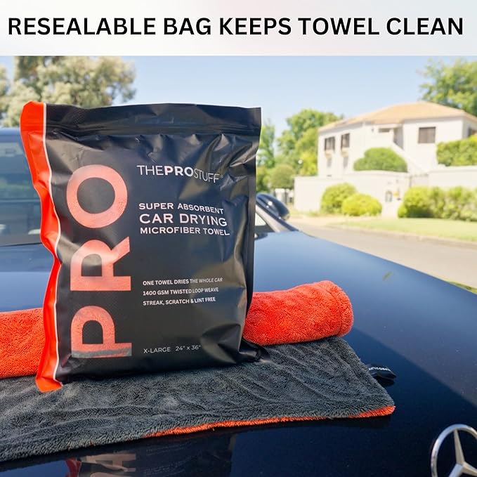 The Pro Stuff® Auto Drying Towel for Car - 1400 GSM Super Absorbent | Extra-Large 24×36 inch (2×3 ft) | Twisted Loop Microfiber | Dual-Sided Lint-Free Scratch-Free Edgeless Design | Resealable Bag