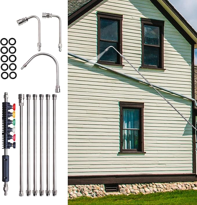 Xiny Tool Pressure Washer Extension Wand, 10 Pack Power Washer Lance with 5 Atomization Nozzle Tips,1 Gutter Cleaner Attachment Curved Rod, 1/4" Quick Connect, 4000 PSI