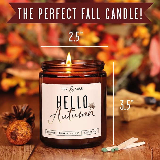 Fall Candles - ‘Hello Autumn’ Soy Fall Candle w/Apple, Cinnamon & Nutmeg I Infused with Essential Oils I Autumn Scented Candles I Cozy Décor Gifts I 9oz Jar I 50Hr Burn I Made in USA