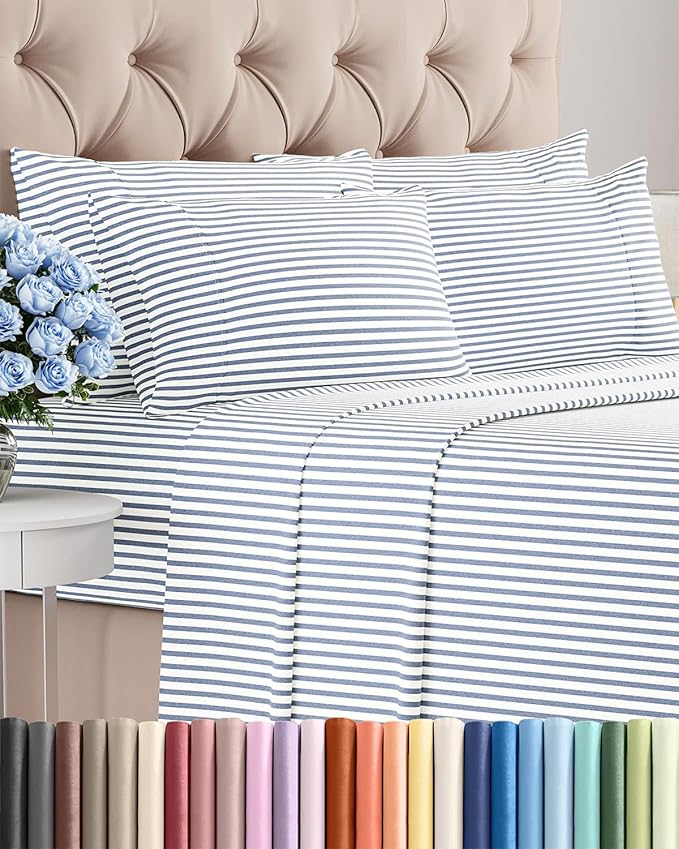 Queen 6 Piece Sheet Set - Comfy Breathable & Cooling - Soft Hotel Luxury Bedding Set with 8-16 Inch Deep Pockets - 1 Flat & 1 Fitted Sheet & 4 Pillowcases - Wrinkle Free & Easy Care - Blue Stripes 2