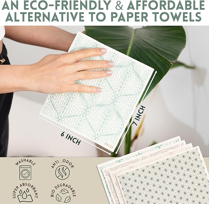 DECEE Swedish Dishcloths (Monochrome), 5 Pack Reusable Paper Towels, Non-Scratch Swedish Dish Towels for Kitchen, Super Absorbent Cellulose Dish Cloths, No Odor Cleaning Rags