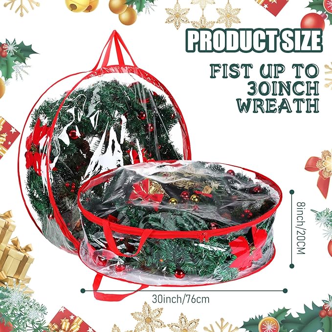 Shappy 6 Pieces Christmas Wreath Storage Container 30 Inch Wreath Plastic Storage Bags with Dual Zippers and Handles for Xmas Thanksgiving Holiday Artificial (Clear,Red)