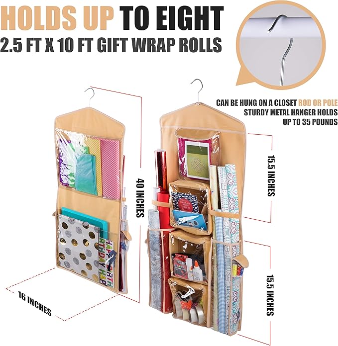Double-Sided Hanging Gift Bag and Gift Wrap Organizer (Beige)