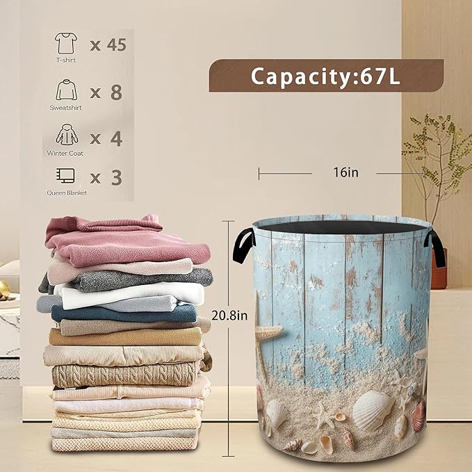 Large Laundry Basket,Beach Seashell Starfish Collapsible Laundry Baskets,Blue Wooden Waterproof Oxford Hamper with Handles for Bathroom Bedroom Nursery Home Storage 16"x20"