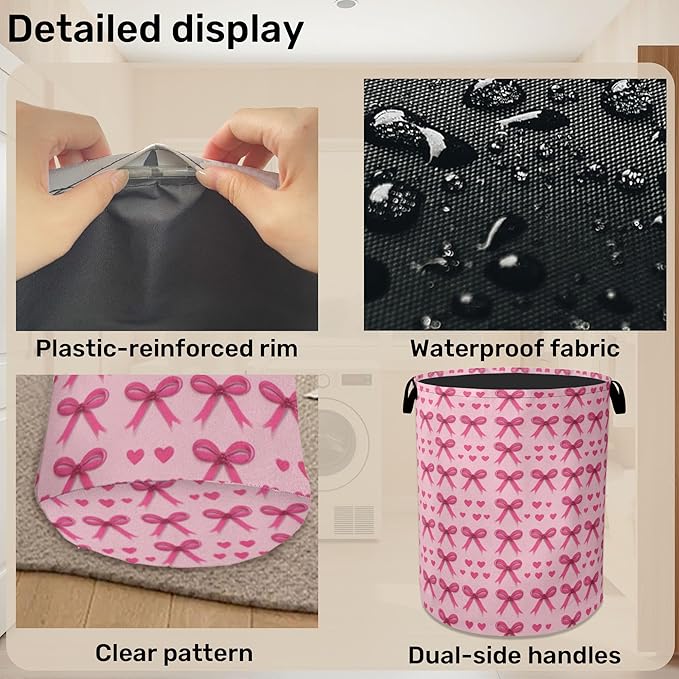 Pink Bow Laundry Hamper - Pink Laundry Basket with Handles, Space Saving Foldable Design for Nursery, Dirty Clothes Storage Basket for Women Girls