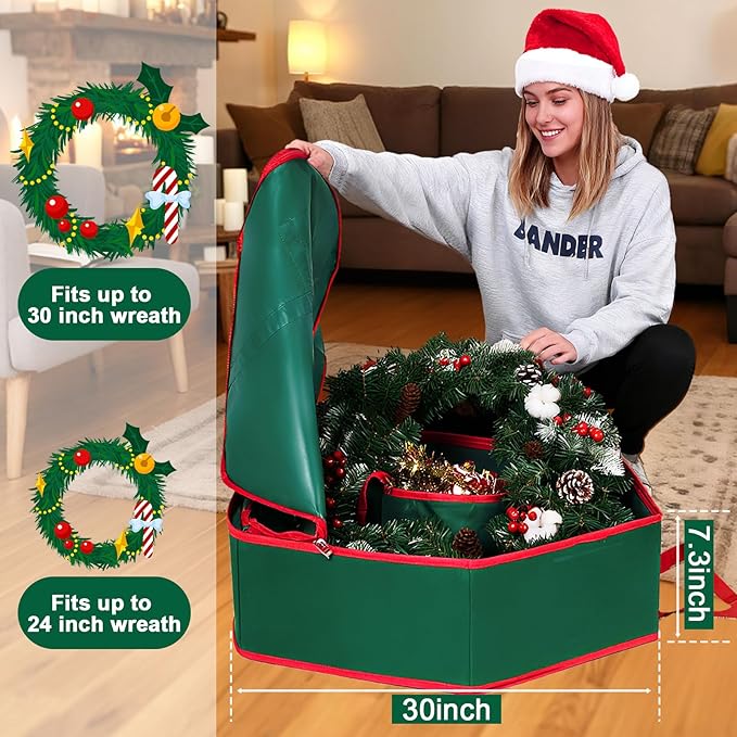 Christmas Wreath Storage Container - 30" Sturdy Hard Shell Christmas Wreath Storage Bag with Interior Pockets, Dual Zipper and Handles, Premium Wreath Storage Organizer Box