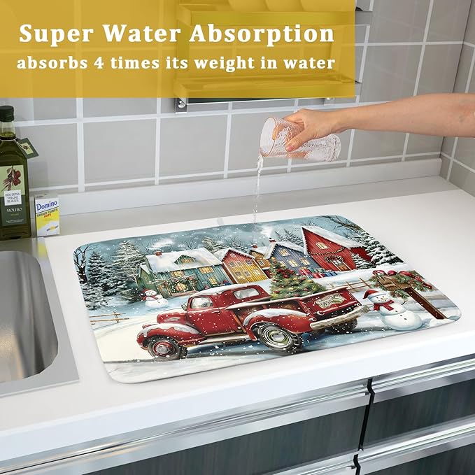 Christmas Dish Drying Mat for Kitchen Counter 24x18 Inch Xmas Red Truck Drying Mat with Absorbent Reversible Microfiber House Snowman Winter Dish Drainer Mats Rack Pad for Coffee Countertop Protector