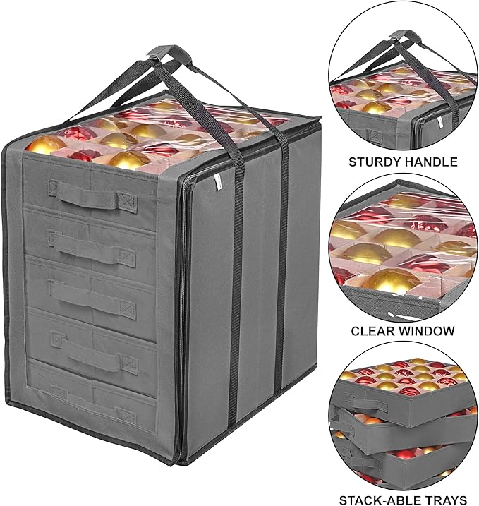 ProPik Christmas Ornament Storage Boxes with Dividers - 5 Separate Trays - Ornament Holder - Keeps 100 Holiday Ornaments - Durable Carrying Bag Handles Organizer Storage Box (Gray)