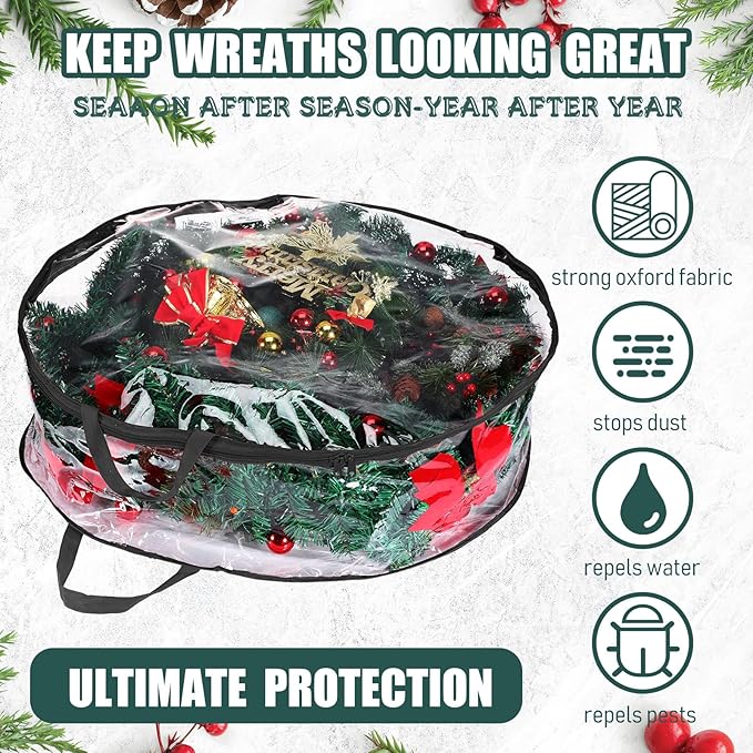 Shappy 10 Pieces Christmas Wreath Storage Container 30 Inch Wreath Plastic Storage Bags with Dual Zippers and Handles for Xmas Thanksgiving Holiday Artificial (Clear,Black)