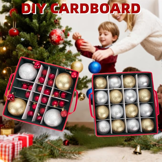 ININ Christmas Ornament Storage Box with Adjustable Dividers,Christmas Ornaments Organizer with Zippered Top,Storage Container Bin with Side Pockets for Holiday Decorations(128 Ball, Green, with Tray)
