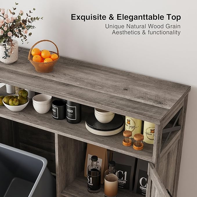 Tilt Out Trash Can Cabinet for 13 * 1 Gallon Trash Can, Farmhouse Kitchen Island Cabinet with Adjustable Shelf for Hidden Laundry Basket, Dog Proof Garbage Can for Dining Living Room, Grey