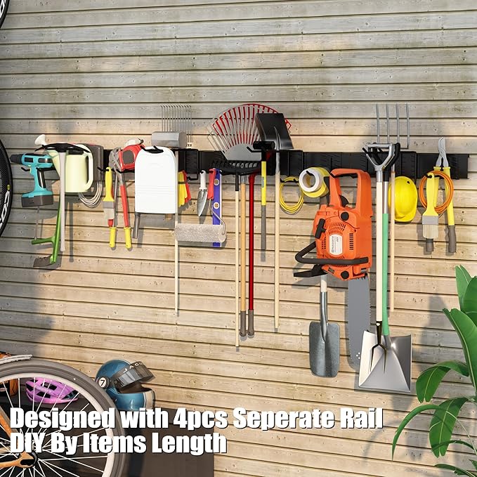 64 Inches Garage Organization, Wall Mount Garden Tool Organizer, 880lbs Adjustable Heavy Duty Metal Hanging Hooks, Garden Tool Storage Rack for Garage, Yard, and Shed (4 Racks, 12 Hooks)