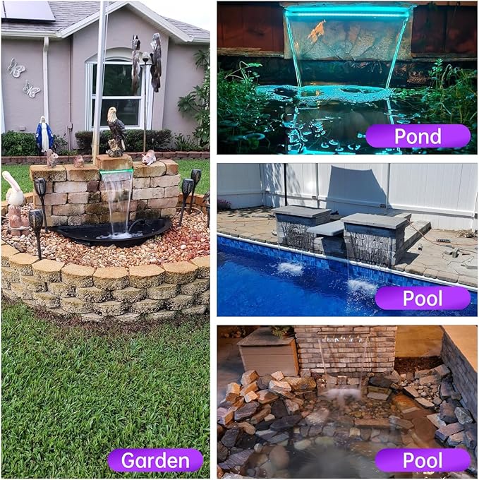 Pool Waterfall Spillway Stainless Steel Pond Fountain, APP Control Colorful LED Lighted Outdoor Black Fountains, Water Flow Spillways Kit for Koi Pond, Swimming Pool, Garden-35.4"x7.8"x3.9"