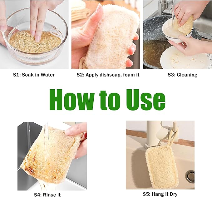 HONSVA Large Natural Dish Scrubber, Loofah Dishwashing Sponge (6 Pcs), No Scratch for Dish, Large Size 5.2"L*3.2"W, Loofah Plant Kitchen Eco-Scrubber, Zero Waste and Eco Friendly Sponges, Unbleached.