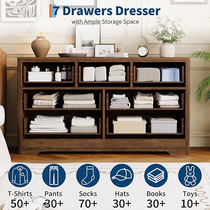 Garvee Dresser for Bedroom with 7 Decorative Front Drawers, 54'' Wide Chest of Drawers with Large Clothes Storage Cabinet, Wood Bedroom Dresser, TV Stand for Nursery, Living Room, Hallway, Brown