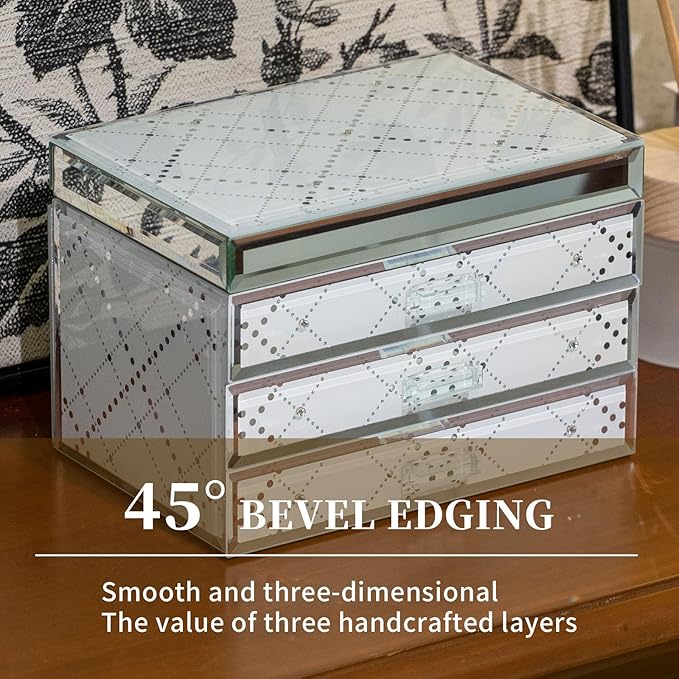 Glass Jewelry Box,Plaid & Sparkling Diamonds, 3-Tier Organizer for Women Girls,Jewelry Gift Decorative Boxes, Art Painting Tabletop Ornament Organizer For Earring Necklace Christmas Gifts