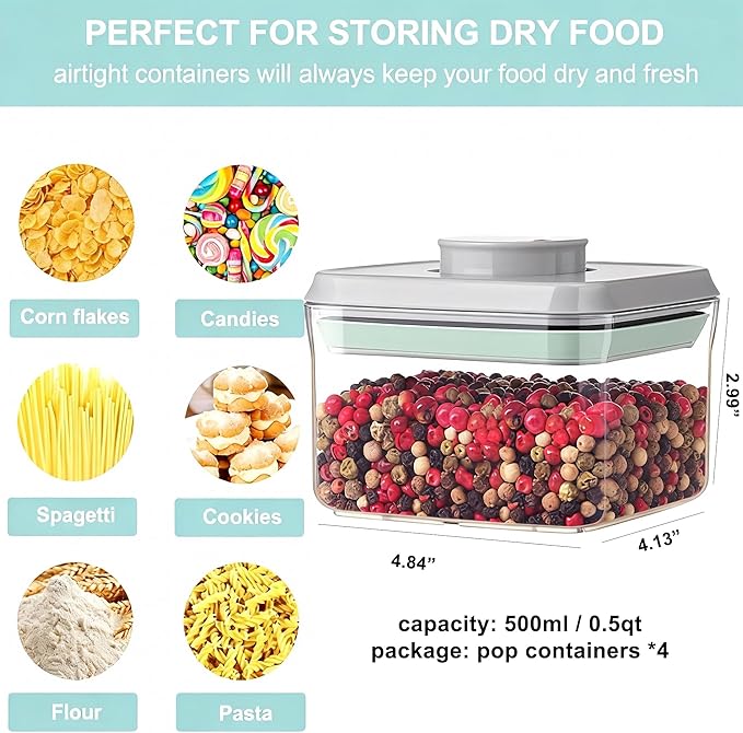 Cozey Daily Airtight Food Storage Container Pop Containers With Lids, Bpa Free for Spaghetti Cereal Flour Rice Kitchen Organizer (500ml / 0.5qt *4)