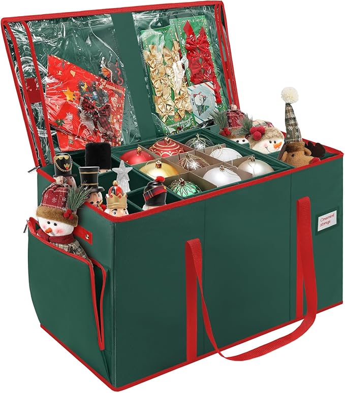 Large 2-in-1 Christmas Ornament Storage Box & Xmas Figurine Container,4 Separate Trays Keep 64-3"/ 54-4" Holiday Ornaments,Adjustable Extent Area for Figurines and Pockets for Decoration