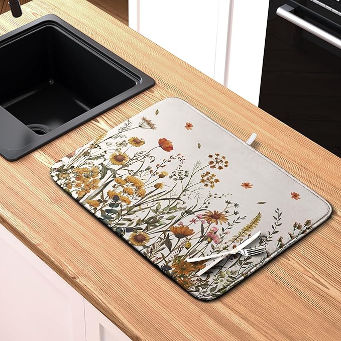 Kwlegh Fall Floral Dish Drying Mat for Kitchen Counter Autumn Burnt Orange Wild Flowers Dish Draining Mat Absorbent Microfiber Dishes Pad Washable Dish Drainer Rack Mat Medium 16"x18"