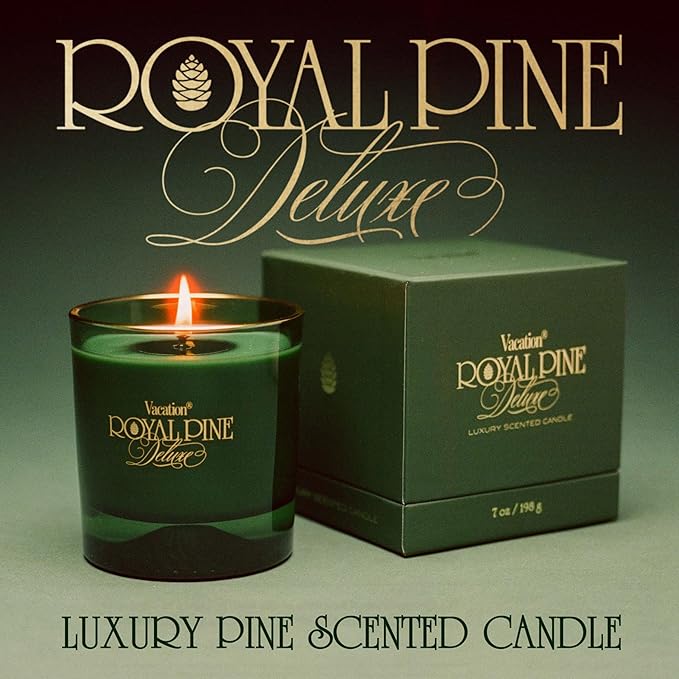Royal Pine Deluxe Pine-Scented Candle by Vacation Sunscreen, Premium Soy-Blend Wax, 70-Hour Long Burning, Winter House Decor, Gift for Women & Men, 7 Oz.