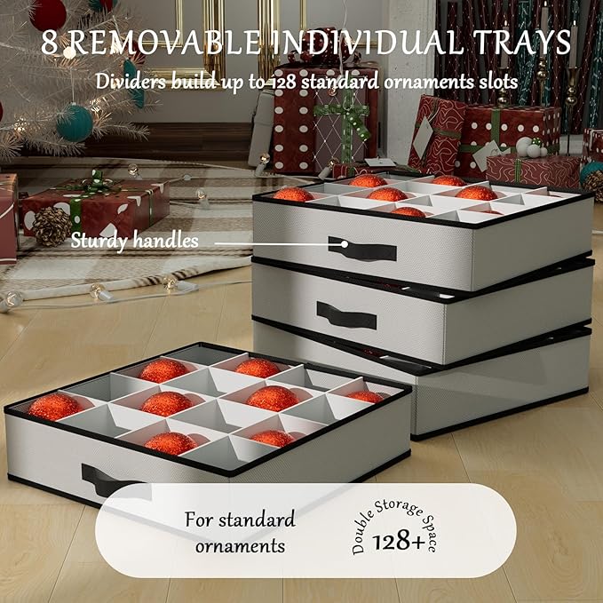 VERONLY Christmas Ornament Storage Box with 8 Trays, Christmas Storage Container for 128-3'' Holiday Ornament Decorations, Large Xmas Organizer with Adjustable Dividers, Dual Zipper and Pocket