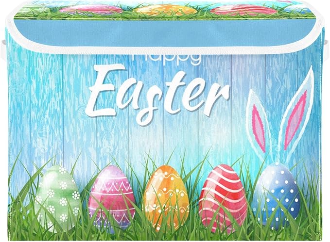Easter Baskets Collapsible Storage Bins with Lids, Happy Easter Bunny Eggs Storage Boxes Clothes Baskets for Organizing