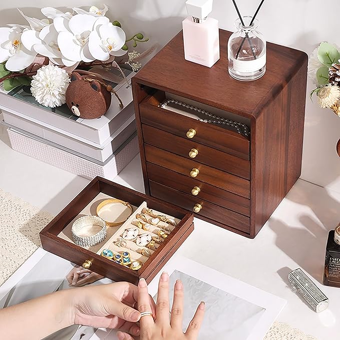 Jewelry Box for Women Girls, Wooden Jewelry Box Organizer Functional With Drawers, 6 Layers Jewelry Storage Organizer for Earring, Ring, Necklace, Bracelets
