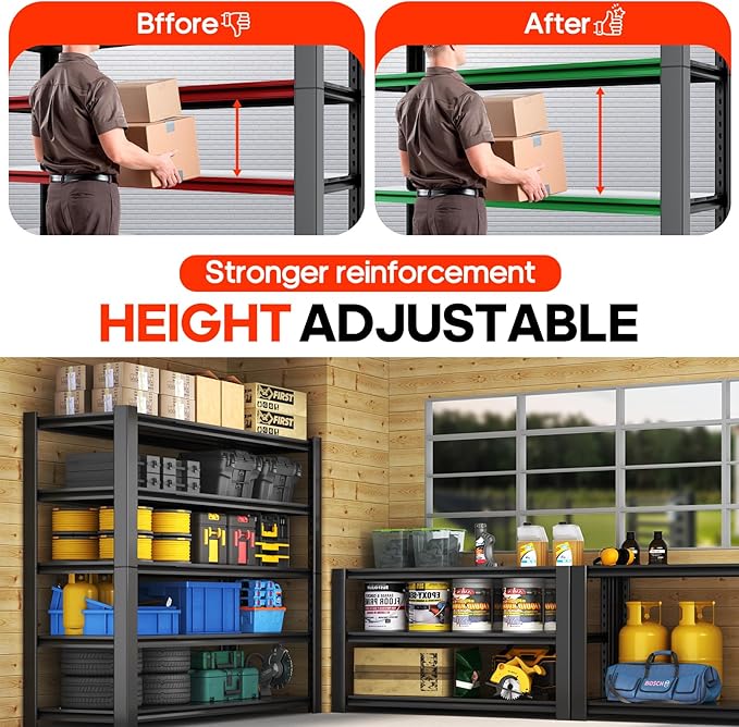 WOZBUD Heavy Duty 5-Tier Garage Storage Shelving Unit, Boltless Metal Rack for Garage Organization, Adjustable Freestanding Steel Shelf, Black, 76H x 60W x 24D