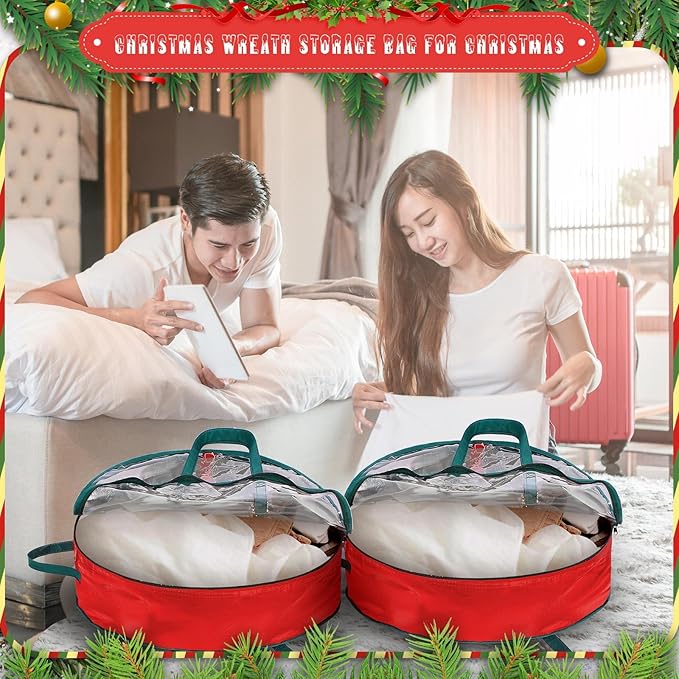Shappy 6 Pcs Christmas Wreath Storage Bag Plastic Storage Containers for Wreaths Container Christmas Decorative Xmas Plastic Bag Holder Handles Dual Zipper Holiday Wrapping (30 x 7 Inch)