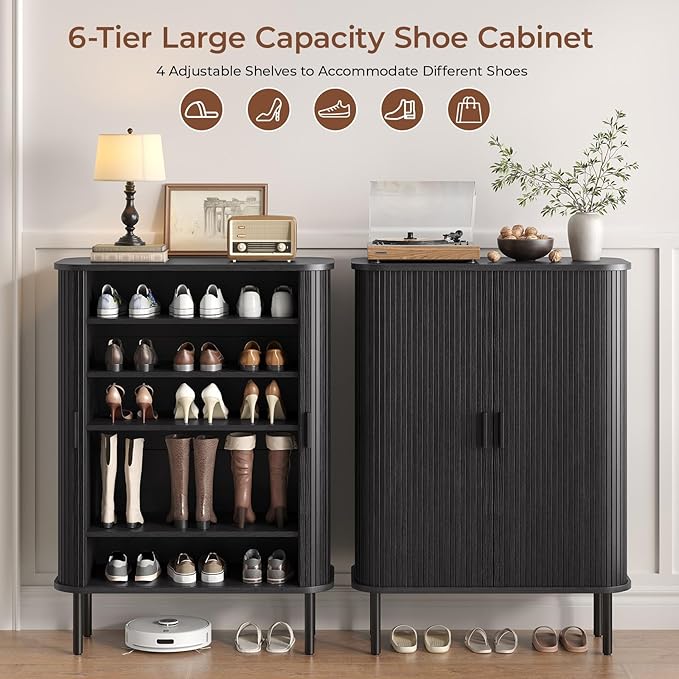 Shoe Storage Cabinet with Adjustable Shelves, 6-Tier Mid-Century Modern Shoe Organizer with Sliding Door, Shoe Storage Organizer for Entryway Hallway Living Room (Black)
