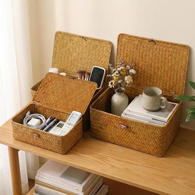 Wicker Shelf Baskets with Lid,Handwoven Seagrass Basket Storage Bins Rectangular Household Basket Boxes for Shelf Wardrobe Desktop Home Organization,Set of 3 Storage Baskets + 5 Storage Bags