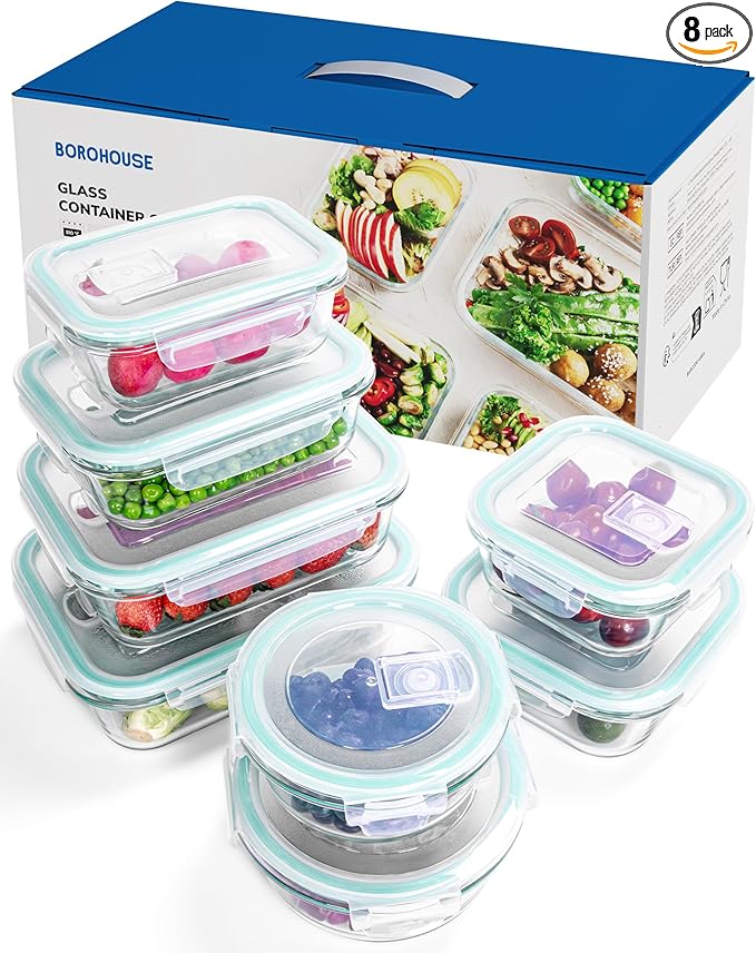 BOROHOUSE 8-Piece Borosilicate Glass Food Storage Containers Set with Airtight Lids - Oven, Microwave & Freezer Safe, Leak-Proof, BPA-Free - Baking, Meal Prep & Gift Ready