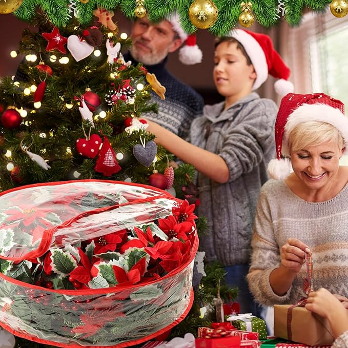 4 Pcs Christmas Wreath Storage Bag, 24 Inch Clear Red Edging Xmas Wreath Storage Container, Garland Holiday Artificial Wreath Storage Holder, Water Proof Transparent PVC with Handles