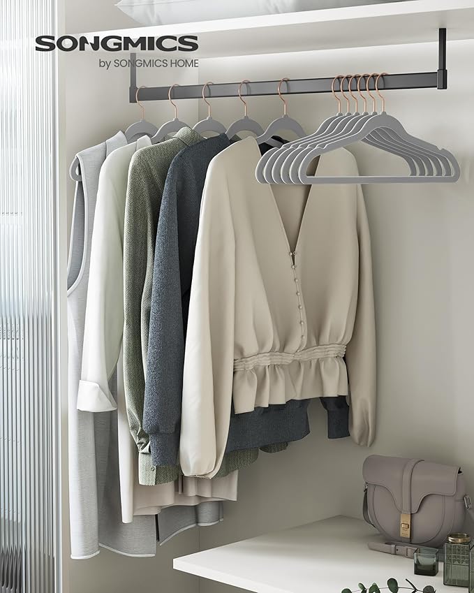 SONGMICS Slim Velvet Hangers, Non-Slip Clothes Hangers with Rose Gold Swivel Hooks, Space-Saving, for Closet, 50 Pack, Dove Gray UCRF026G50