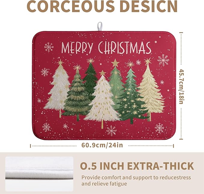 Wnoesat Merry Christmas Dish Drying Mat for Kitchen Counter 18x24 Inch Red Xmas Tree Snowflakes Drying Pad Winter Holiday Absorbent Microfiber Dish Draining Reversible Dish Drainer Rack Mat