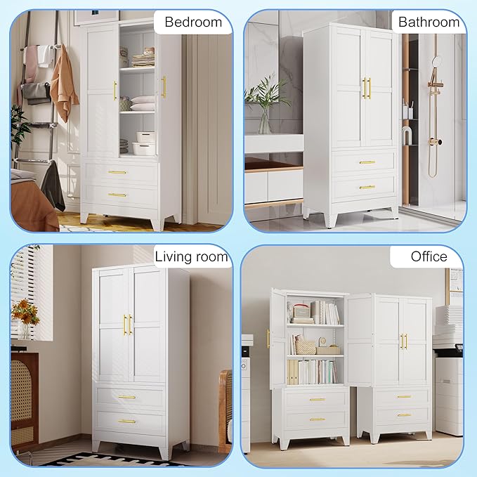 61" H Metal Pantry Storage Cabinet,Office File Cabinets with 2 Drawers and Shelves, Kitchen Cupboard Storage Cabinet for Bedroom and Dinning Room（White）