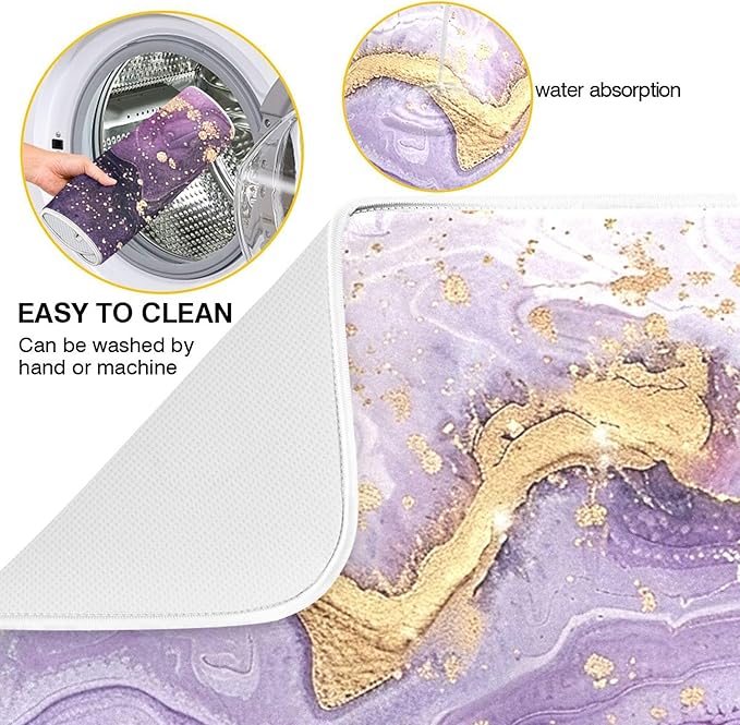 Marble Purple Gold Dish Drying Mat for Kitchen Countertop 16x18 Tie Dye Rectangle Small Drying Mat Reusable Quick Dry Dish Sink Absorbent Mats Dishwasher Easy Clean Decorative Home Decor Essentials