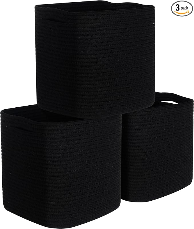 MINTWOOD Design 3-Pack 11x11 Inch Cube Storage Bin, Woven Organizer, Closet Cute Square Bins, Decorative Classroom Bathroom Pantry and Shelf Baskets, Full Black (MD-196)