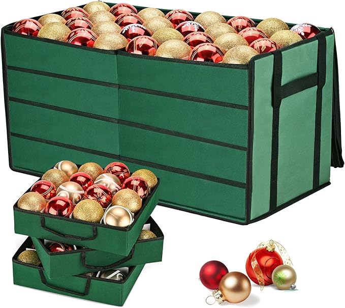 Christmas Ornament Storage Box, Ornament Organizer with 8 Removable Trays and Adjustable Dividers Holds 128 Pcs Decoration Balls, Dual Zipper for Christmas Ornament Storage (Green)