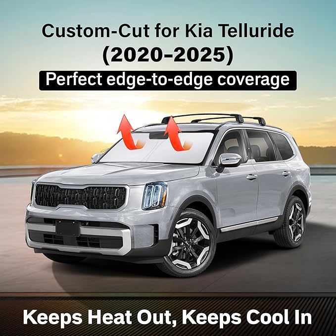 EcoNour Windshield Sun Shade Compatible for Kia Telluride 2020–2025 | SUV Front Window Sunshade | Foldable Sun Visor Protector | UV & Heat Blocking | Keeps Cabin Cool & Protected