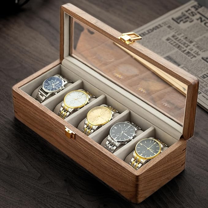 muso wood Watch Display Box, 5 Slot Watch Case for Men, Watch Organizer Box with Glass Lid, Watch Case with Removable Velvet Pillow, Father's Day Gift - 5 Slot, Walnut