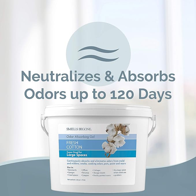 SMELLS BEGONE 1-Gallon Gel Odor Eliminator – High-Capacity, Long-Lasting Odor Absorber for Large Basements, Garages, Workshops & Commercial Areas – Removes Odors with Essential Oils (Fresh Cotton)