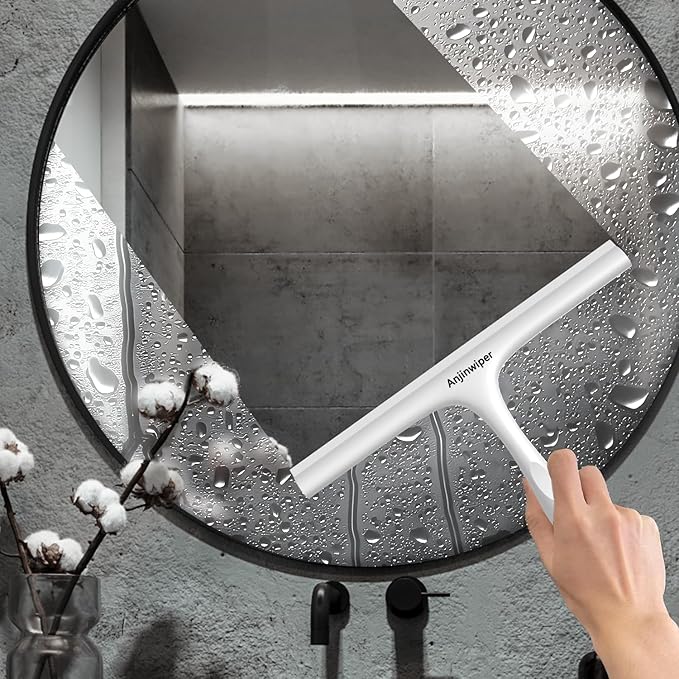 Anjinwiper All-Purpose Shower Squeegee for Shower Glass Door with Adhesive Hook, Silicone Squeegee for Shower Doors, Bathroom, Windows, Mirrors, Shower Cleaner Tool Household Squeegee(10 inch-White)